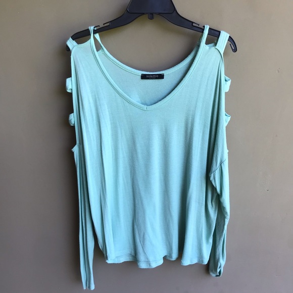 Solemio Tops - Mint Blue Long Sleeve Top with Shoulder Cutouts